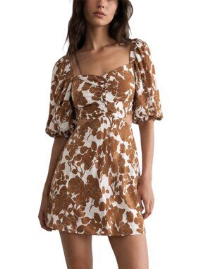 S Brown White Floral Puff Sleeve Cutout Mini Dress